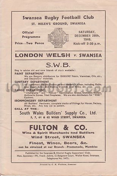 1946 Swansea v London Welsh  Rugby Programme